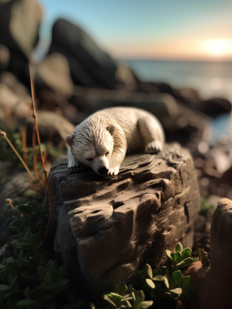 Cute little otter resting on a rock by the sea.の素材