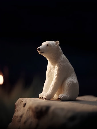 Polar bear sitting on a rock in the dark with a black backgroundの素材
