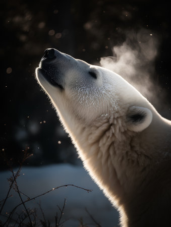 Polar bear in the snow. Polar bear on a background of winter forest.の素材