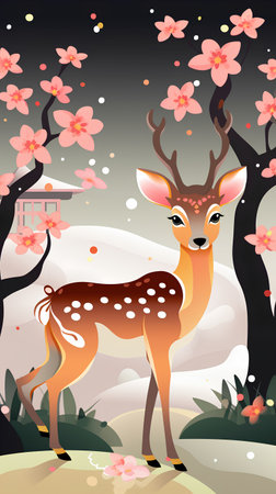 Cherry blossom and deer. Spring season background. Vector illustration.の素材