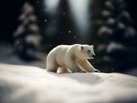 Polar bear (Ursus maritimus) walking on snow in winter forest.の素材