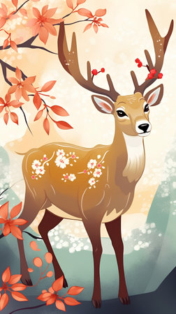 Vector illustration of a beautiful deer on a background of a spring landscapeの素材