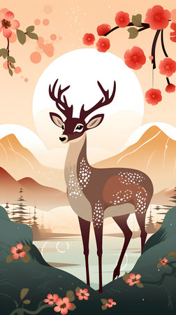 Vector illustration of a deer in the forest on the background of the lake.の素材