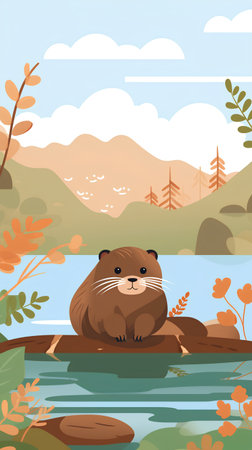 Cute beaver on the bank of the river. Vector illustrationの素材