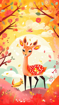Vector illustration of a cute deer with a bird on a background of autumn landscapeの素材
