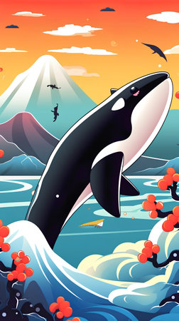 Cartoon killer whale on the background of mountains. Vector illustration.の素材