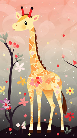 Cute giraffe with flowers. Vector illustration in cartoon style.の素材