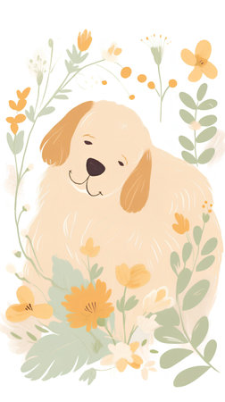 Cute vector hand drawn illustration with golden retriever and floral elements.の素材