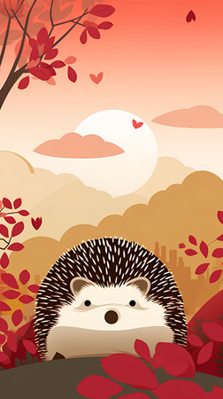 Cute hedgehog on autumn landscape background. Vector illustration in cartoon style.の素材