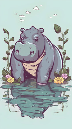 Hippopotamus in the water with flowers. Vector illustration.の素材