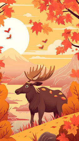 Autumn landscape with moose and falling leaves. Vector illustration.の素材