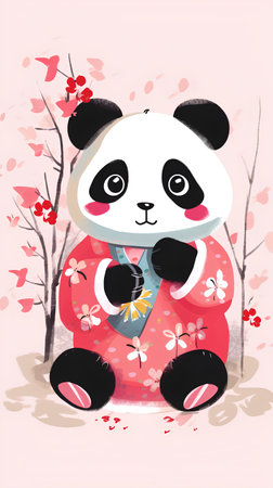 Cute panda in a kimono with cherry blossom backgroundの素材