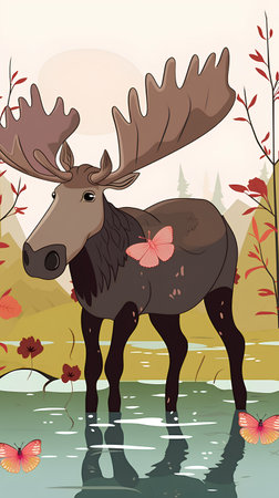 Moose in the autumn forest. Vector illustration in flat style.の素材