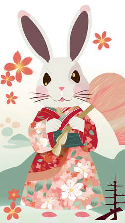 Rabbit in a Japanese kimono with a cherry blossomの素材