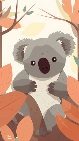 Cute koala in the forest with autumn leaves. Vector illustration.の素材