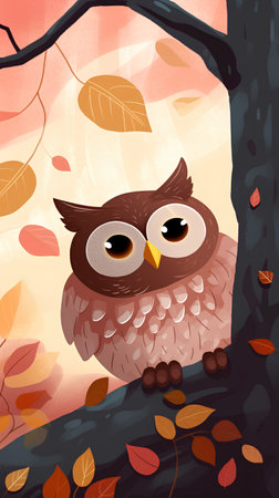 Owl in the autumn forest. Cartoon style. Vector illustration.の素材