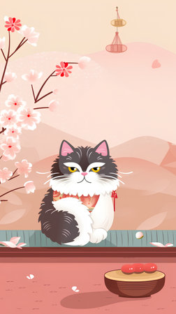 Cute cat with sakura blossom background. Vector illustration.の素材