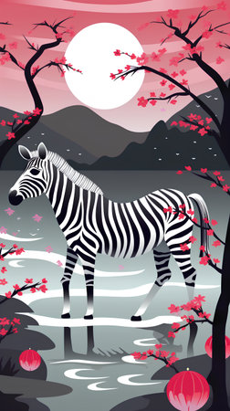 Zebra and cherry blossom landscape. Vector illustration of zebra standing on the bank of the river.の素材