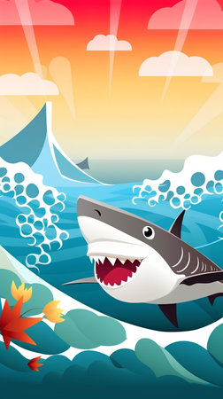 Shark on the background of the sea. Vector cartoon illustration.の素材
