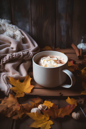 Cup of hot cocoa with marshmallow, scarf and autumn leaves on wooden backgroundの素材