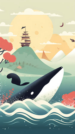 Seascape with big whale and mountains. Vector illustration in flat styleの素材
