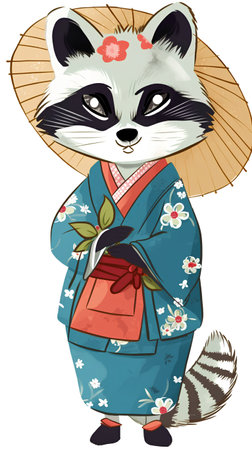 Illustration of a Japanese raccoon wearing a Japanese kimonoの素材