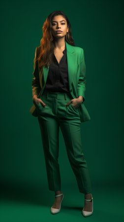 Full length portrait of a beautiful young woman in green suit on a green backgroundの素材