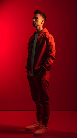 Full length portrait of a stylish young man in a red jacket posing on a red background.の素材