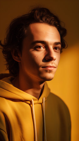Portrait of a handsome young man in a yellow hoodie. Studio shot.の素材
