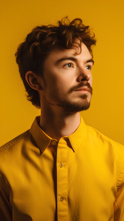 handsome young man in yellow shirt looking at camera isolated on yellowの素材