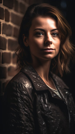 Portrait of a beautiful young woman in leather jacket against brick wall.の素材