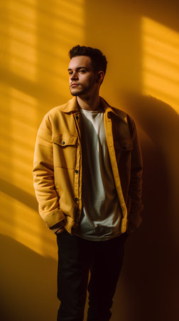 Handsome young man in a yellow jacket and jeans posing on a yellow background.の素材