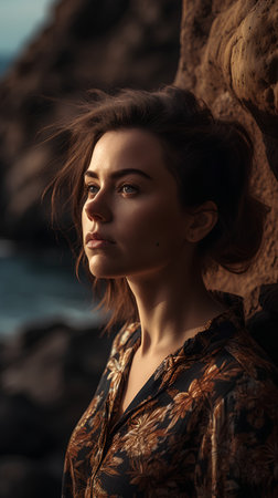 Portrait of a beautiful young woman in a dress on the beachの素材