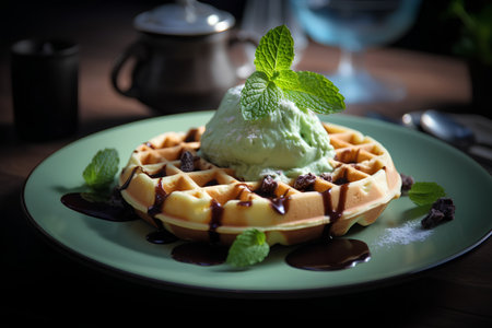 Belgian waffles with ice cream and chocolate sauce on a plateの素材
