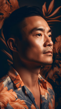 Portrait of a handsome asian man in a shirt on a dark background.の素材