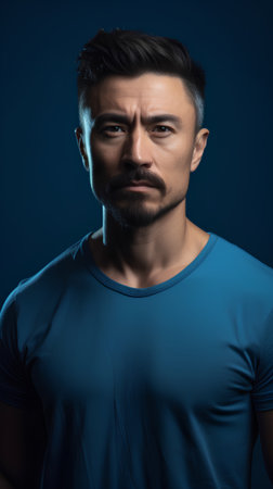 Portrait of handsome bearded man in blue t-shirt on blue backgroundの素材