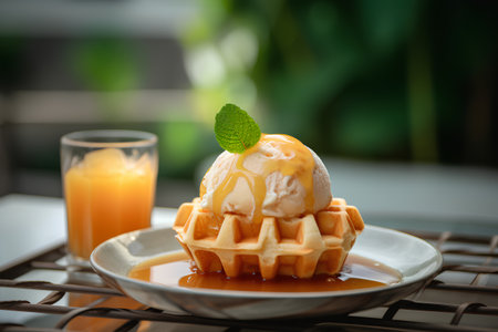 Delicious ice cream with caramel sauce on waffle and orange juiceの素材