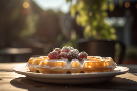 Waffles with berries on a wooden table in a cafe. Selective focus.の素材