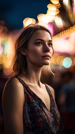 Beautiful young woman on the background of the night city lights.の素材