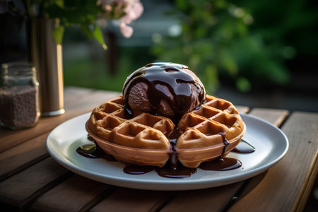 Chocolate ice cream with waffle on wooden table, stock photoの素材