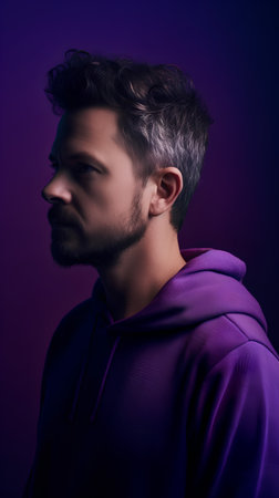 Handsome young man in violet hoodie. Studio shot.の素材
