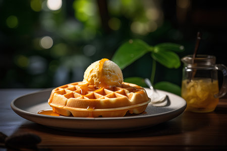 Waffles with ice cream on a wooden table. Selective focus.の素材