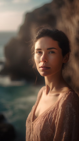 Portrait of a beautiful young woman on the background of the seaの素材