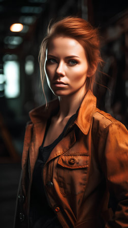 Portrait of a beautiful young woman in a brown jacket. Fashion, beauty.の素材