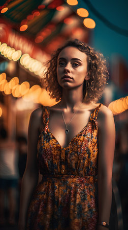 Beautiful young woman with curly hair posing in the city at night.の素材