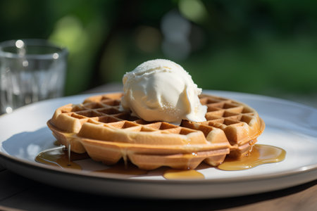Waffles with ice cream and honey on a wooden table in the gardenの素材