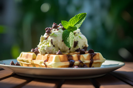 Belgian waffles with ice cream, mint and chocolate on wooden tableの素材