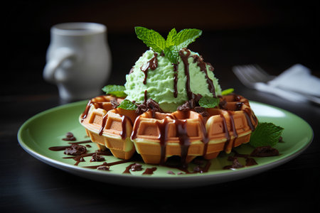 Waffles with ice cream and mint on a dark wooden background.の素材