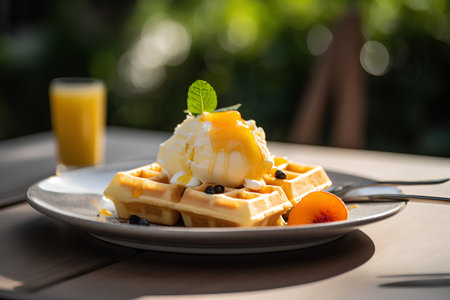 Waffles with ice cream and orange juice on the wooden table.の素材