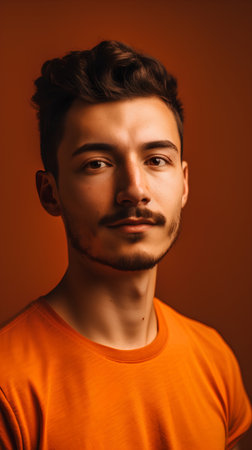 Portrait of a handsome young man in orange t-shirt.の素材